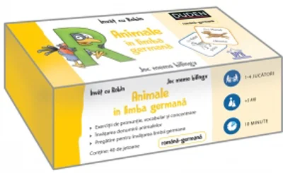 Joc memo bilingv, romana-germana. Invat cu Robin: Animale in limba germana