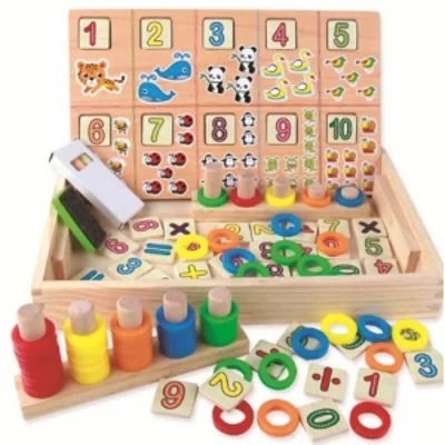 Joc educativ din lemn pentru copii, tablita multifunctionala pentru scris cu creta si piese cu cifre si imagini, montessori, donuts