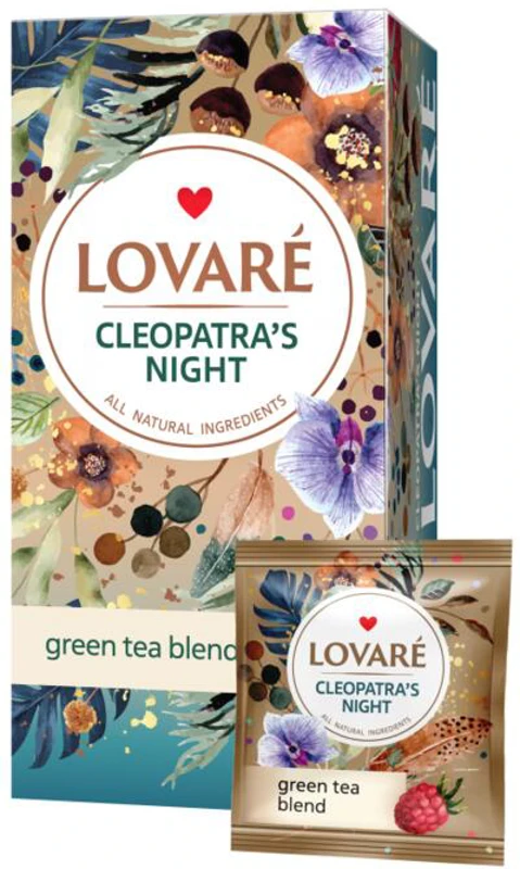 Cutie ceai cu 24 pliculețe Lovaré - Cleopatra's Night: Amestec de ceai verde, petale de flori și fructe 48 g