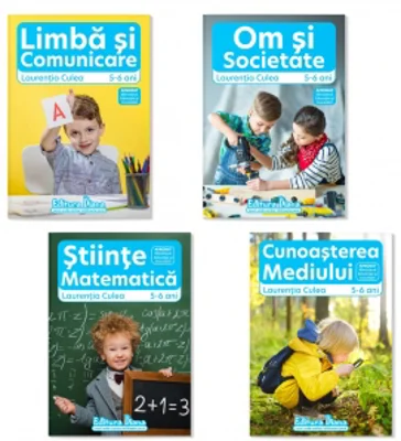 Set patru carti, A4, grupa mare 5-6 ani: 1. Domeniul Om si Societate; Domeniul Stiinte, Cunoasterea mediului; 2. Domeniul Stiinte, Matematica; Domeniul Limba si Comunicare