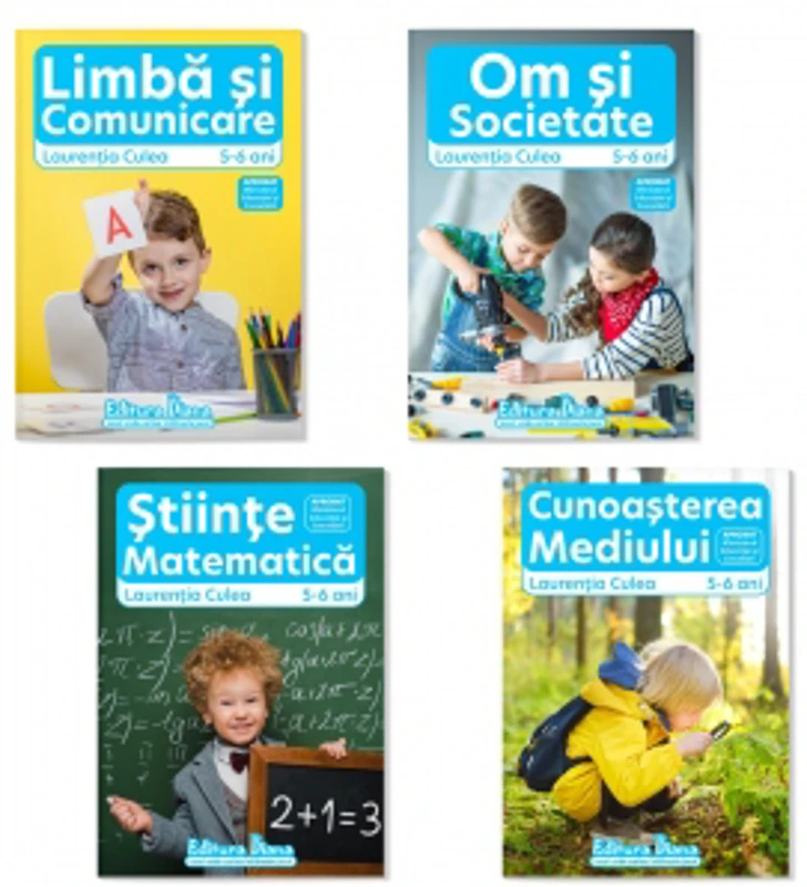 Set patru carti, A4, grupa mare 5-6 ani: 1. Domeniul Om si Societate; Domeniul Stiinte, Cunoasterea mediului; 2. Domeniul Stiinte, Matematica; Domeniul Limba si Comunicare