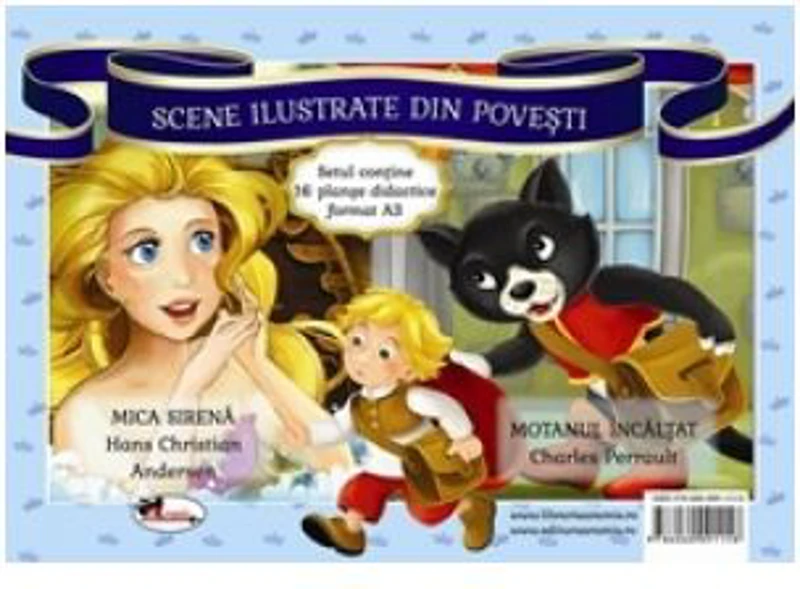 Scene ilustrate din povesti: Mica sirena; Motanul incaltat - Hans Christian Andersen, Charles Perrault