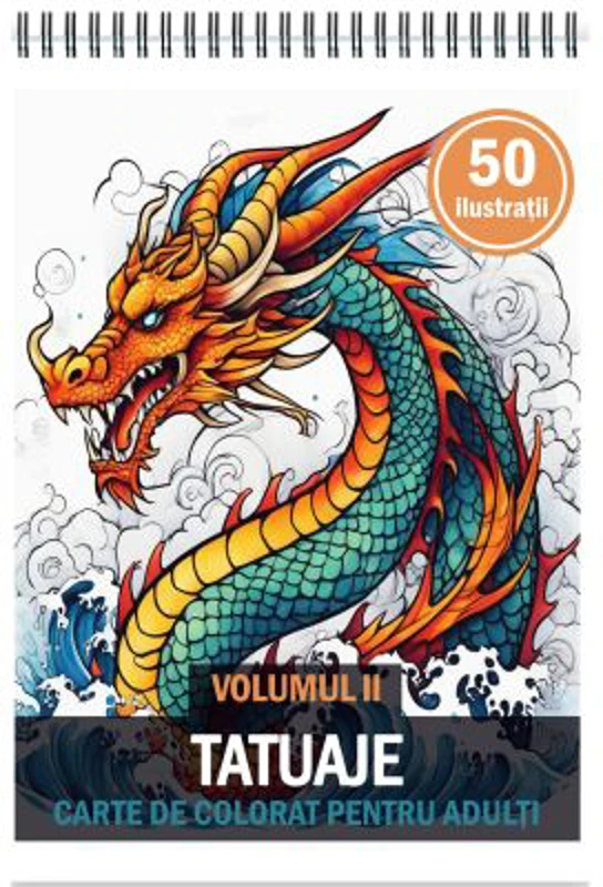 Carte de colorat pentru adulti, 50 de ilustratii, Tatuaje, Volumul 2