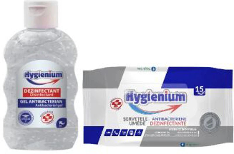 Pachet dezinfectanti maini si suprafete: Hygienium Gel dezinfectant maini VIRUCID 50 ml, avizat de Ministerul Sanatatii si Hygienium Servetele umede dezinfectante maini 15 buc, avizat Ministerul Sanatatii