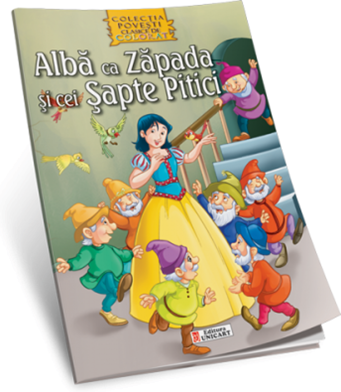Alba ca Zapada si cei sapte pitici. Carte de colorat A4 cu ilustratii