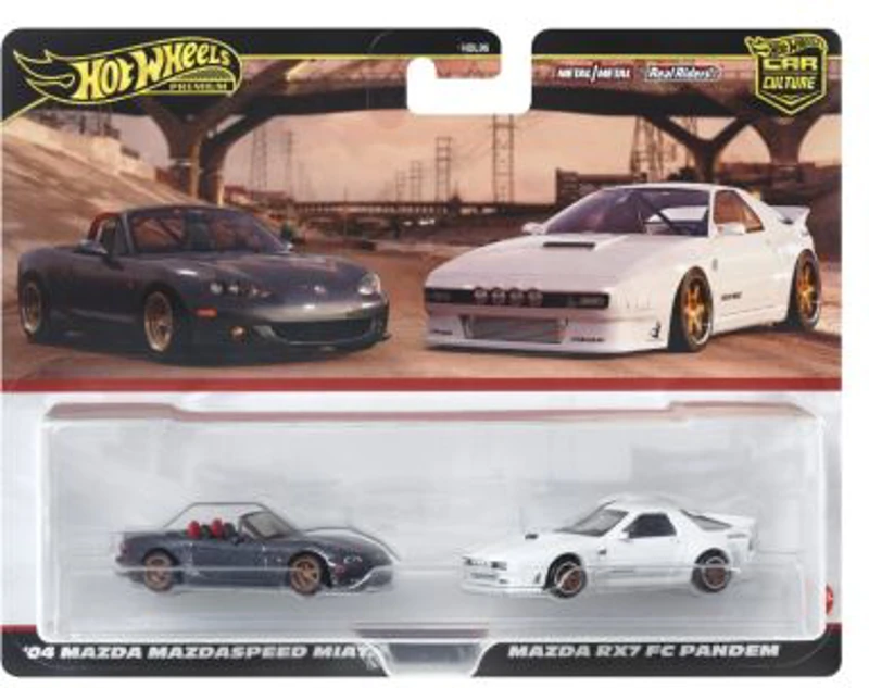 Set 2 masinute metalice Mazdaspeed Miata si Mazda RX7 FC Pandem scara 1: 64, Hot Wheels