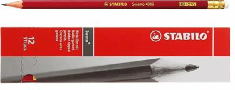 Creion grafit Stabilo Swano 4906, mina HB, cu radiera, rosu, ascutit, 12 buc.