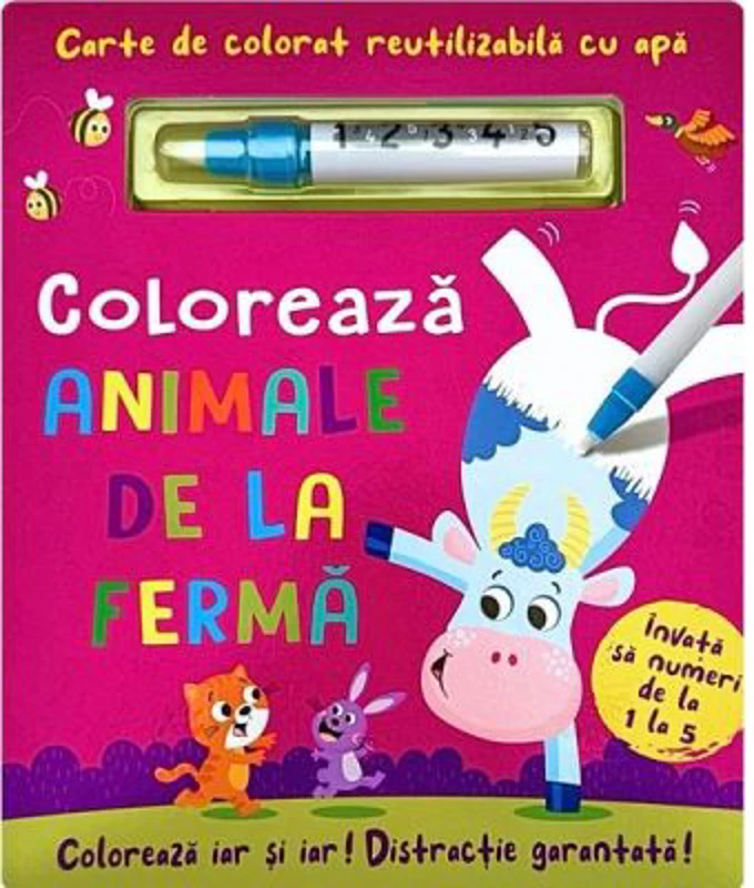 Coloreaza animale de la ferma. Carte reutilizabila cu apa