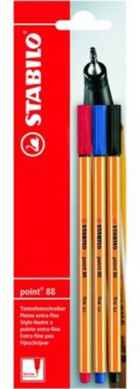 Fineliner Stabilo Point 88, 0. 4 mm, 3 culori, negru, rosu, albastru, blister
