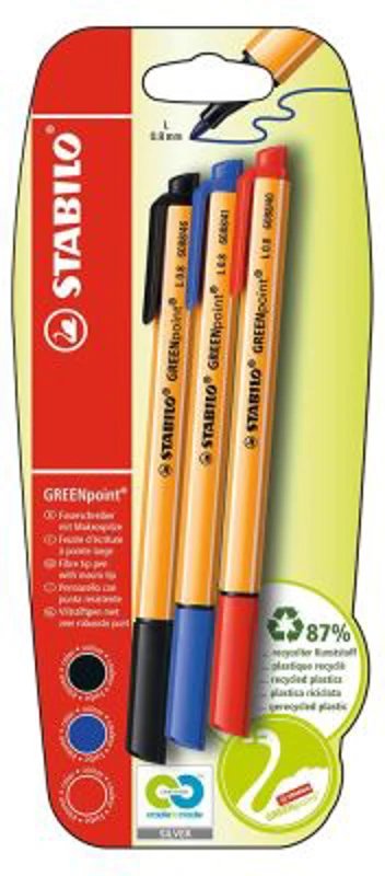 Marker Stabilo Greepoint, 0.8 mm, albastru, negru, rosu, set 3 culori/blister