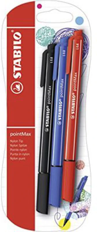 Fineliner Stabilo PointMax, 0.8 mm, 3 culori/blister, ultramarin, negru, carmin