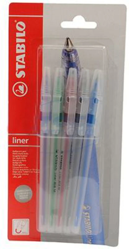 Pix fara mecanism Stabilo liner, M, 0. 45 mm, 5 culori/blister, albastru, negru, rosu, verde, violet