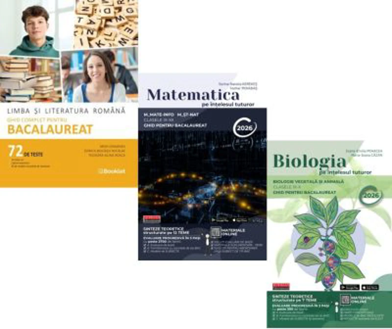 Pachet Bacalaureat 2026. Limba si literatura romana 72 teste complete, Matematica pe intelesul tuturor M-mate-info, M-stiintele naturii si Biologia pe