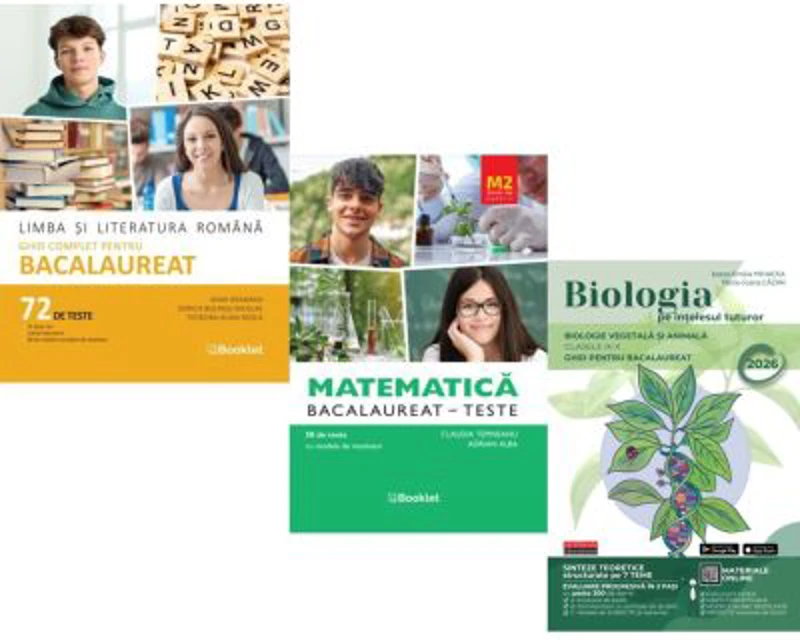 Pachet Bacalaureat 2026. Limba si literatura romana 72 teste complete, Teste Matematica M2 Profil Stiinte ale naturii si Biologia pe intelesul tuturor