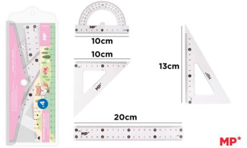 Set geometrie Main Paper, 4 piese, transparent, raportor, 2 echere, rigla 20 cm, blister roz