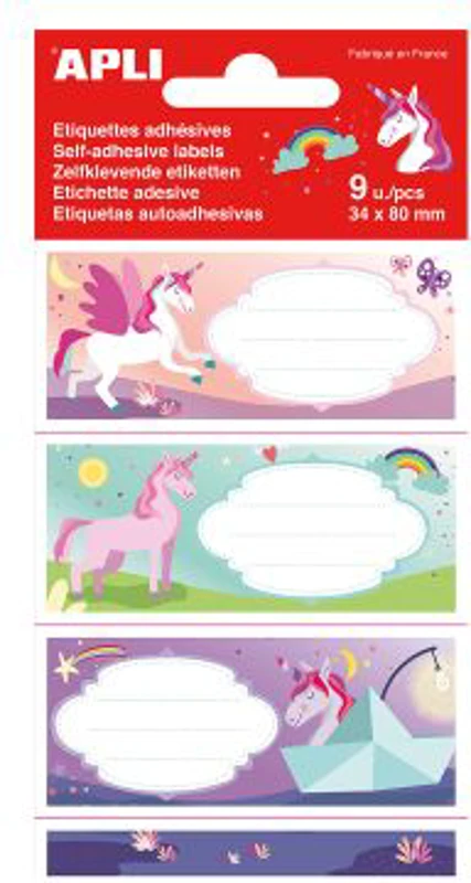Etichete scolare Apli, 81x36 mm, 3 file, design unicorni