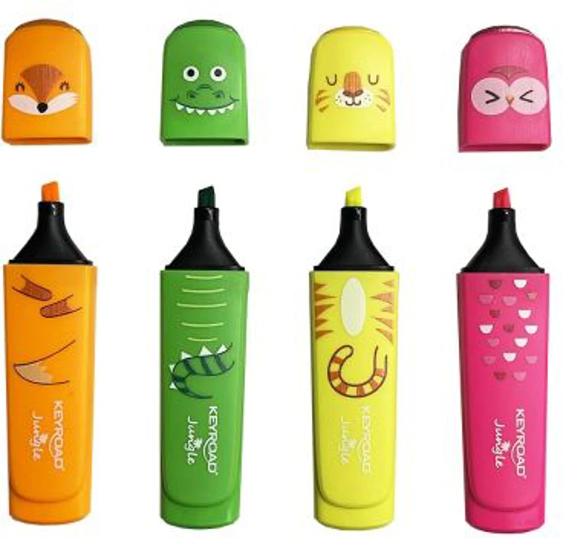 Textmarker Keyroad Jungle KR972176, varf tesit, pentru copii, set 4 culori fluorescente (galben, verde, orange, roz)