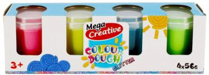 Plastilina Mega Creative Colour Dough Glitter 471258, 4x56g, roz, bleu, galben, verde, +3 ani, set 4 culori