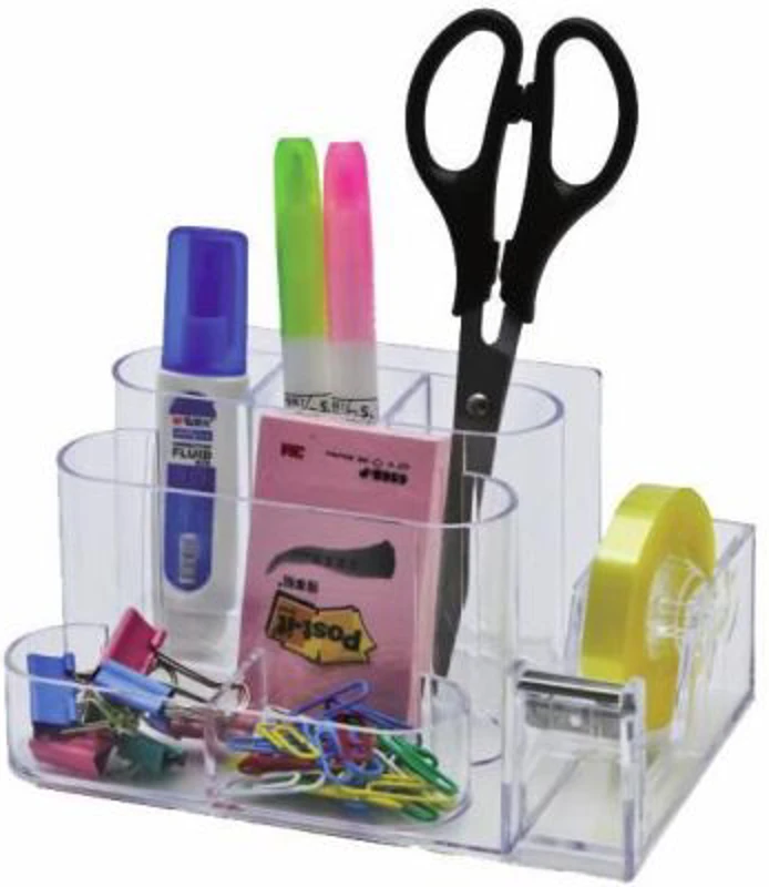 Suport plastic pentru accesorii de birou, 7 compartimente, 168 x 78mm, KEJEA - transparent