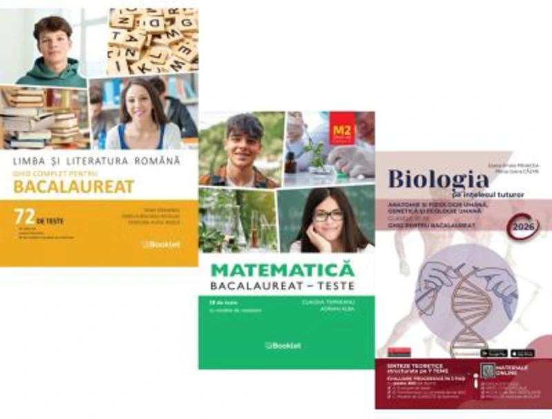 Pachet Bacalaureat 2026. Limba si literatura romana 72 teste complete, Teste Matematica M2 Profil Stiinte ale naturii si Biologia pe intelesul tuturor
