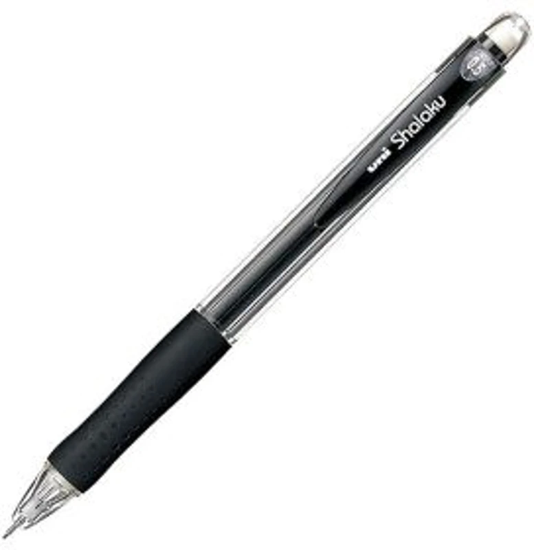 Creion mecanic UNI Shalaku M5-100, 0. 5mm, grip cauciucat, corp transparent negru, cu guma de sters