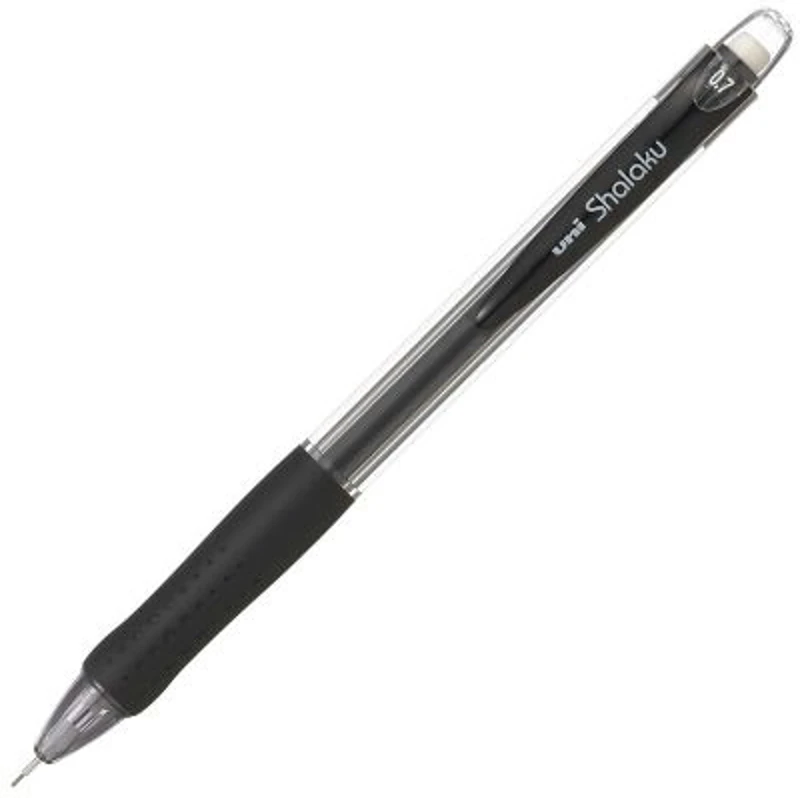 Creion mecanic UNI Shalaku M7-100, 0. 7mm, grip cauciucat, corp transparent negru, cu guma de sters