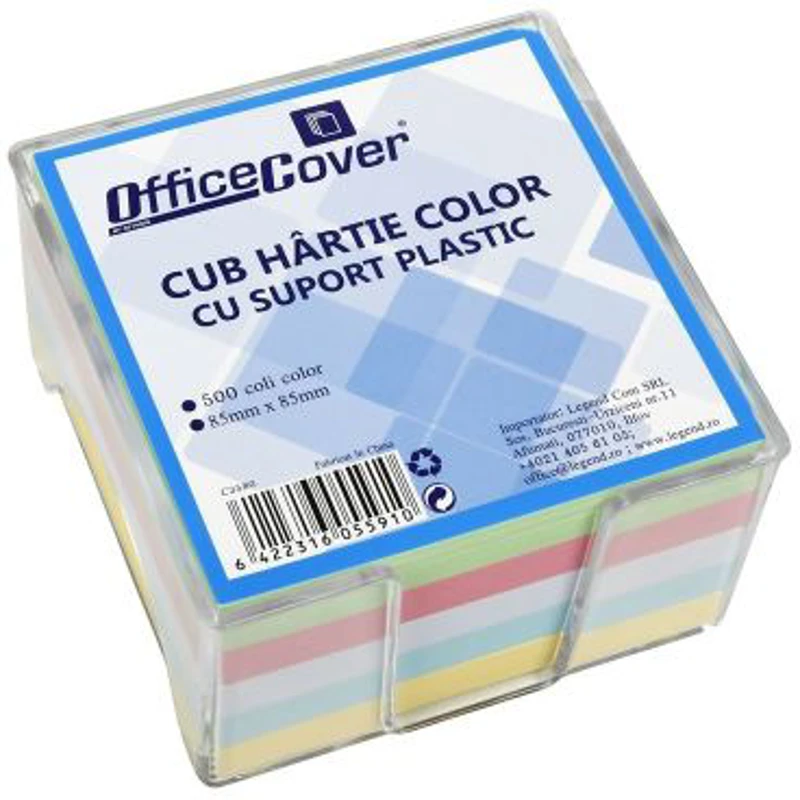 Cub hartie notes Office Cover, 500 coli, 85x85mm, 5 culori, include suport plastic transparent