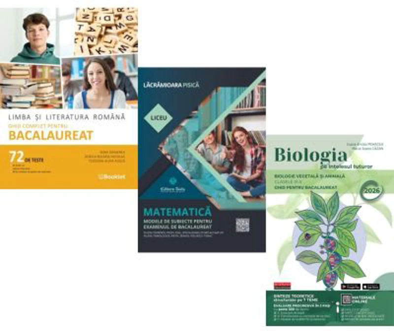 Pachet Bacalaureat 2026. Limba si literatura romana. Ghid complet cu 72 teste si Matematica Filiera tehnologica, Servicii si Biologia pe intelesul tut