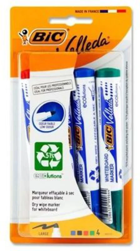 Marker tabla Bic Velleda 1704 / 907054, varf rotund, 2. 5mm, corp gros, set 4 culori (verde, negru, albastru, rosu)