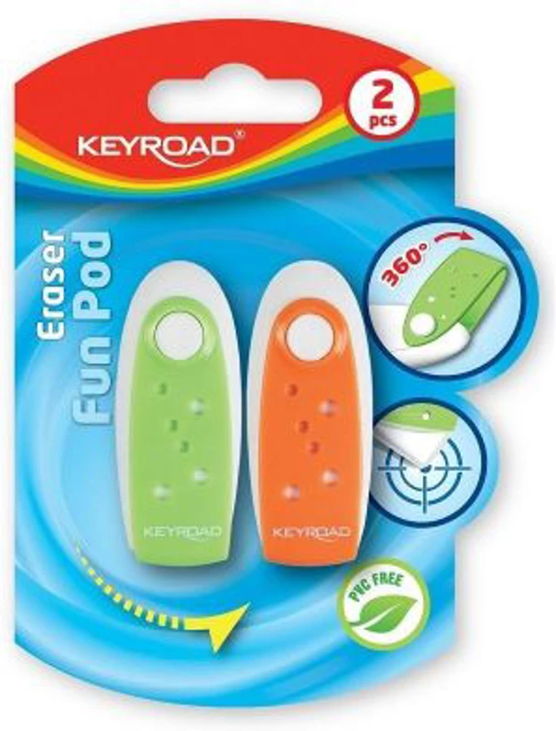 Radiera Keyroad FunPod KR970225, ovala, 56x22x13mm, diverse culori, rotativa, protectie plastic, blister 2 buc