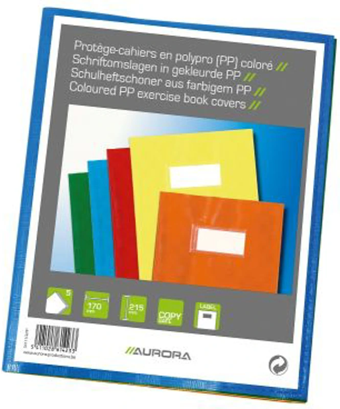 Coperta PP - 120 microni, cu eticheta, pentru caiet A5, 5 buc/set, AURORA - culori asortate