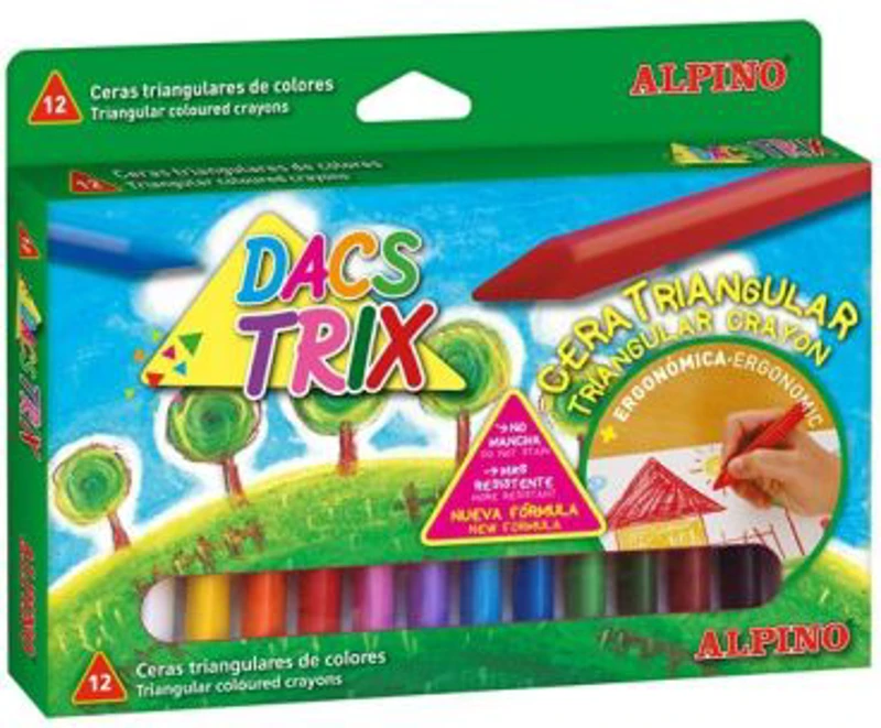 Creioane cerate soft, triunghilare, cutie carton, 12 culori/cutie, ALPINO DacsTrix