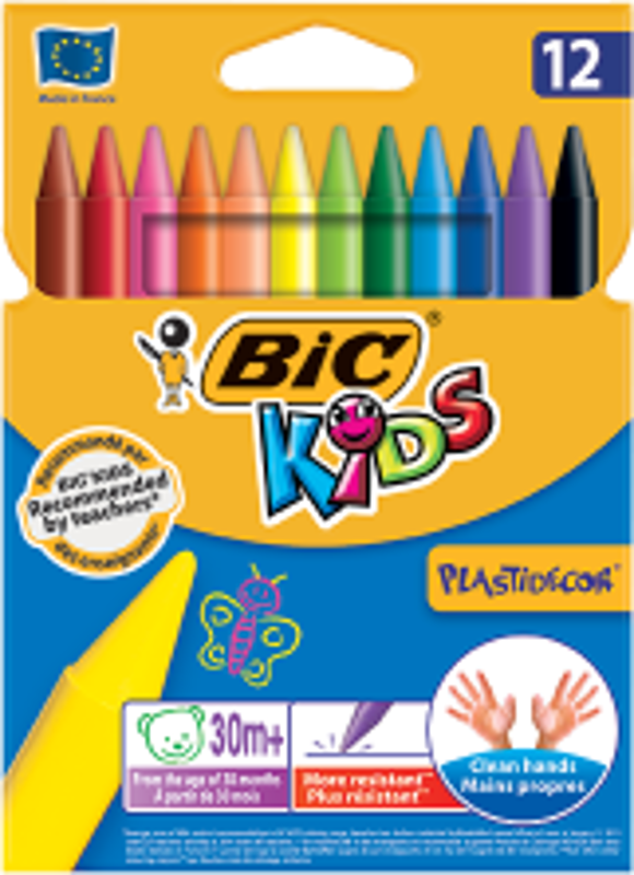 Creioane cerate Bic Kids Plastidecor, 12 culori, blister carton
