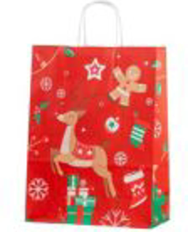 Punga cadou Craciun Colorarte 24257, B4, 26x35x12cm, 90g/mp, rosie, manere din hartie rasucita, motive de Craciun