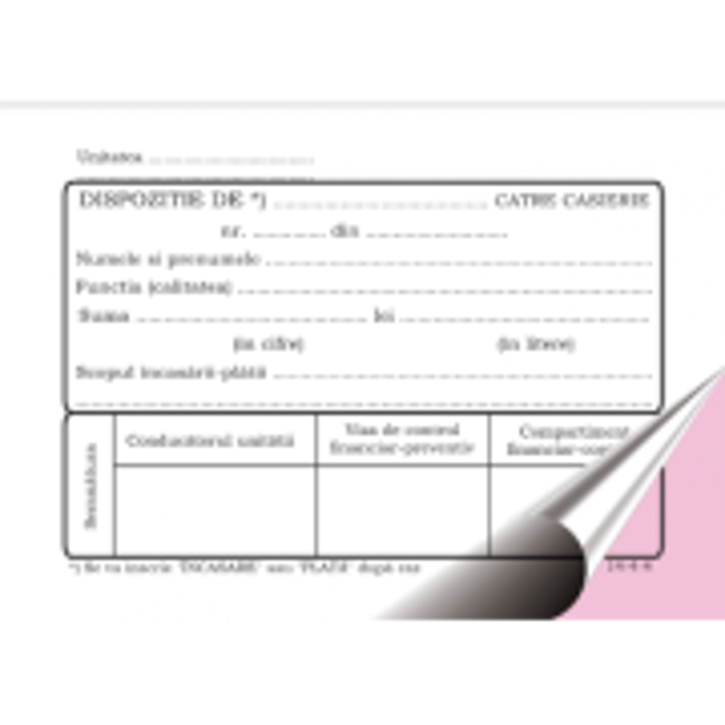 Tipizat - dispozitie casierie - A6, 2 exemplare, autocopiativ, carnet 50 seturi