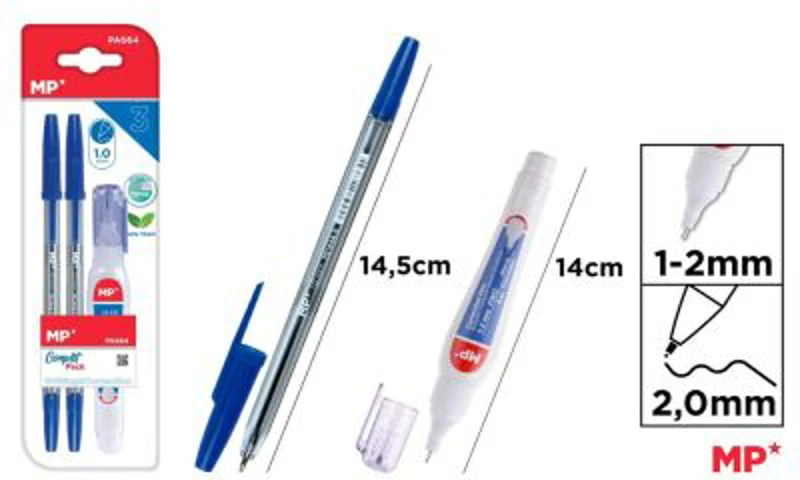 Set 2 pixuri albastre Main Paper, varf 1 mm, creion corector 4 ml, blister