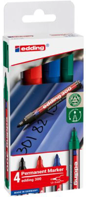 Marker permanent, Edding 300, set 4 culori, corp plastic, varf rotund 1. 5 - 3 mm, negru, rosu, albastru, verde