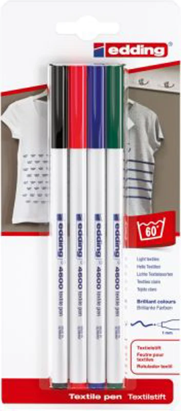 Marker Edding 4600, pentru textile, varf rotund 1 mm, 4 culori/blister