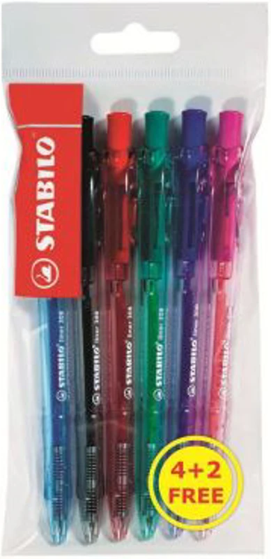 Pix cu mecanism Stabilo Liner 308 M, varf 0. 45 mm, 6 culori/blister, albastru negru rosu verde violet roz