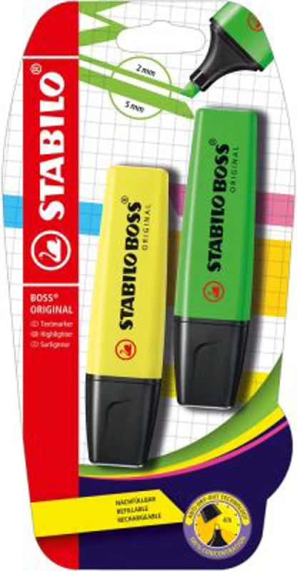 Textmarker Stabilo Boss Original, 2 culori/blister, galben, verde