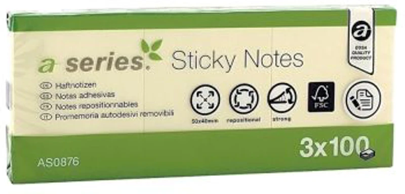 Notite adezive, A-Series, 50 x 40 mm, galben, 100 file, 3 bucati/set