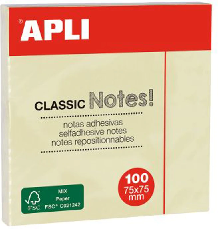 Notite adezive, Apli, 75 x 75 mm, galben, 100 file