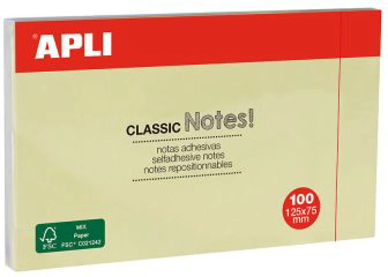 Notite adezive, Apli, 125 x 75 mm, galben, 100 file