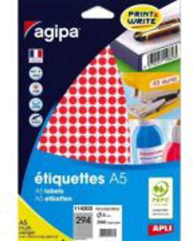 Etichete autocolante Agipa 114303, 294/A5, 8 mm, permanente, rotund, rosu, top 10 coli (2940 buc.)