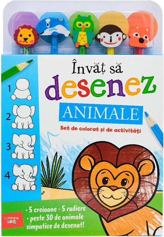 Invat sa desenez. Animale. Set de colorat si de activitati (contine 5 creioane si 5 radiere)