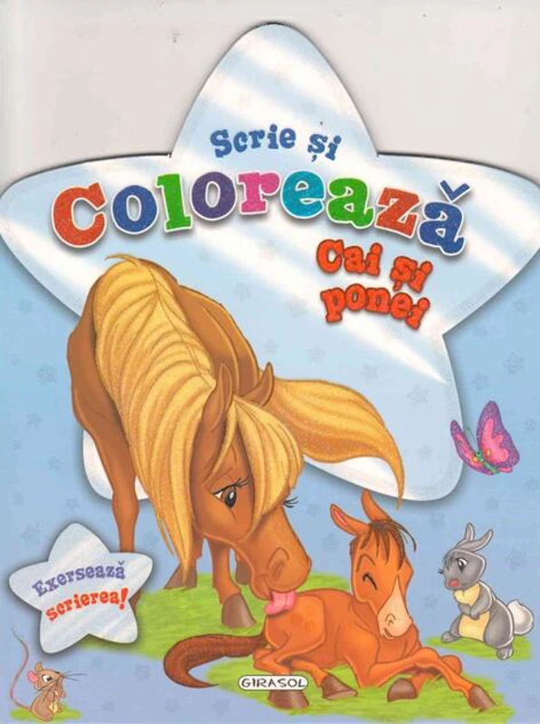 Scrie și colorează. Cai și ponei (albastru)