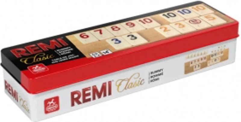 Joc Remi Clasic, Tabla lemn masiv, Cutie metalica, Piese os/piatra