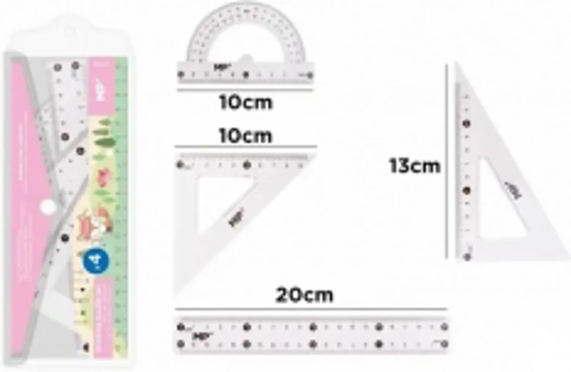 Set geometrie Main Paper, 4 piese, transparent, raportor, 2 echere, rigla 20 cm, blister roz