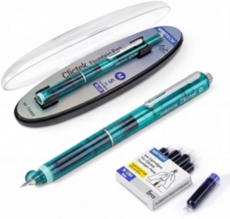 Stilou retractabil Writech M, corp verde cu cutie cadou si 5 patroane cerneala albastre