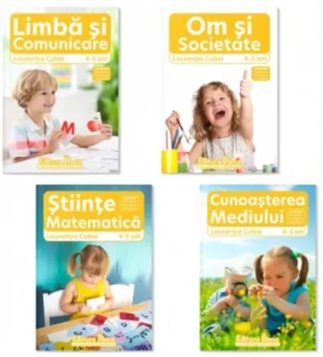 Set 4 caiete, A4 grupa mijlocie 4-5 ani: 1. Domeniul Om si Societate; 2. Domeniul Stiinte: Cunoasterea mediului; 3. Domeniul Stiinte: Matematica; 4. Domeniul Limba si Comunicare